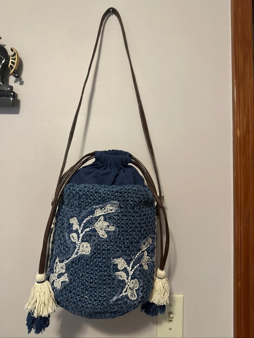 POL Navy Crochet Drawstring Bucket Bag with Tassels NWT